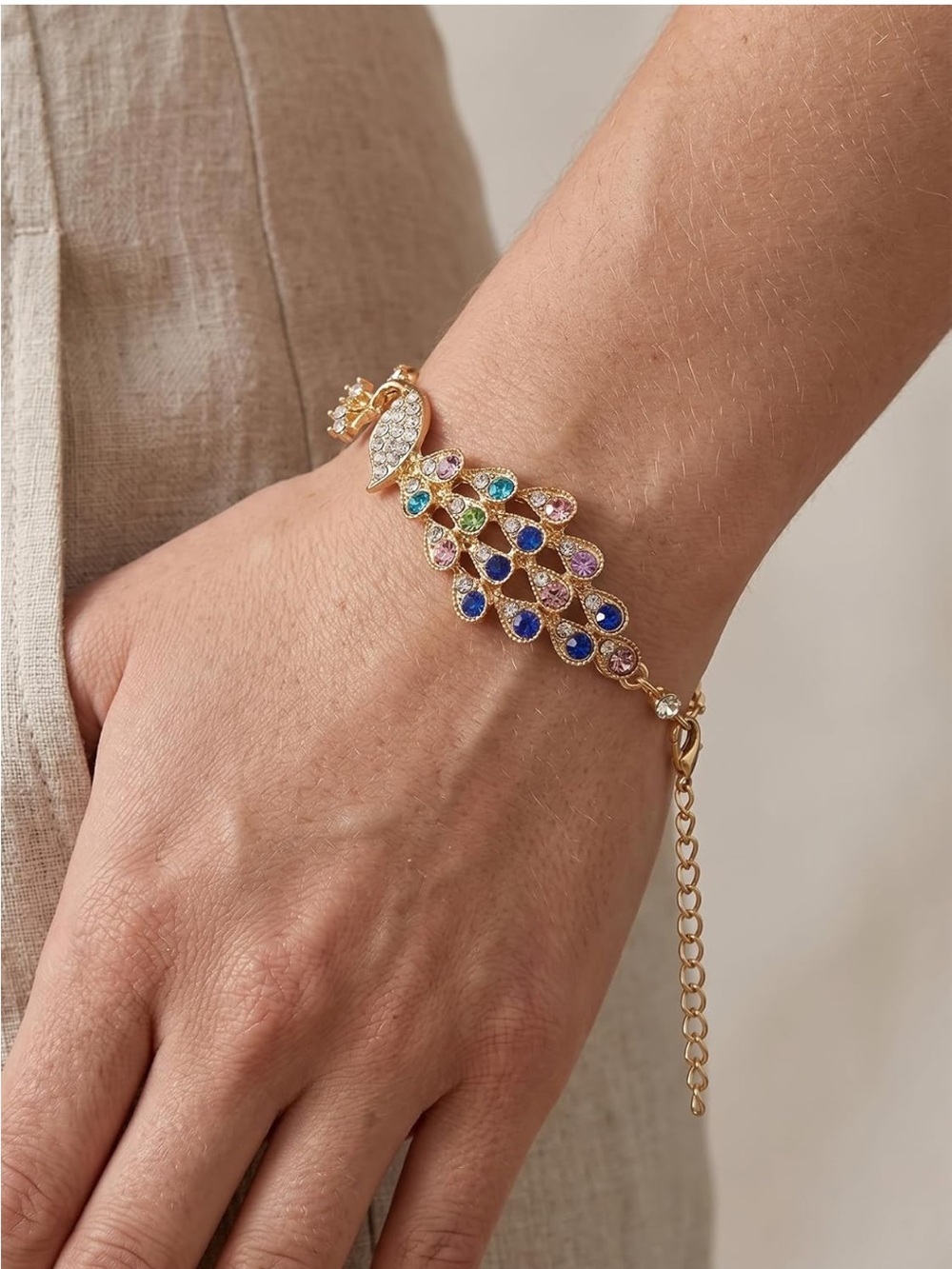 Multicolor Crystal Peacock Feather Gold Bracelet